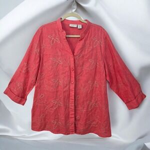 Tweeds Woman Shirt 1X Pink Linen Embroidered Floral Button Down Bohemian Plus Sz